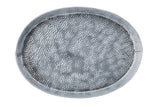 A round, shallow silver tray with a hammered texture and a smooth, slightly raised rim. The surface reflects light, highlighting the dimpled pattern. Styled like the TableCraft GP129 galvanized dinner platter, it's photographed from above on white.