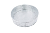 A round, silver-colored metal tray, like the TableCraft GP129 Galvanized dinner platter, features a hammered texture and vertical reinforcement seams around the side. The tray is empty and photographed on a white background.