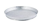 A round, shallow TableCraft GP12 galvanized steel platter with a hammered texture, slightly raised smooth rim, and flat base. The empty tray is photographed against a plain white background.