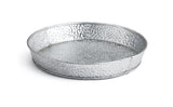 A round, shallow steel dinner platter with a hammered texture and raised edges, shown on a white background. The tray features a silvery finish and simple, industrial design—ideal for stylish presentation.