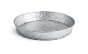 A round, shallow steel dinner platter with a hammered texture and raised edges, shown on a white background. The tray features a silvery finish and simple, industrial design—ideal for stylish presentation.