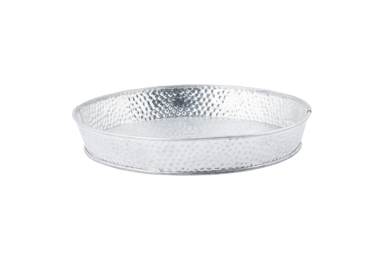 A round, shallow steel dinner platter with a hammered texture and a slightly raised edge. The tray has a shiny, silver finish and a simple, minimalist design. It is empty and placed against a plain white background.