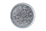 A round, transparent container filled with many small, shiny silver metal pellets resembles a steel dinner platter. The uniform pellets are closely packed and smooth in texture, viewed from above against a white background.