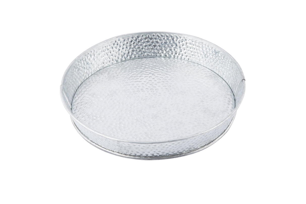 A round, silver-colored galvanized steel platter with a hammered texture and slightly raised edges, shown on a white background. The reflective surface of this TableCraft GP8 tray has no handles or additional decorations.