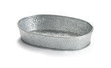 A shallow, oval-shaped TableCraft GP96 hammered metal tray with a silver finish. This galvanized dinner platter features slightly raised sides and a textured, dimpled surface, placed on a white background.