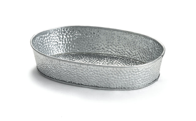 A shallow, oval-shaped TableCraft GP96 hammered metal tray with a silver finish. This galvanized dinner platter features slightly raised sides and a textured, dimpled surface, placed on a white background.