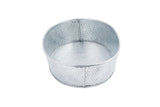 A round, shallow metal container with a hammered texture and visible seams, shown on a white background. This Galvanized dinner platter features a silver, reflective finish and has no handles or lid.