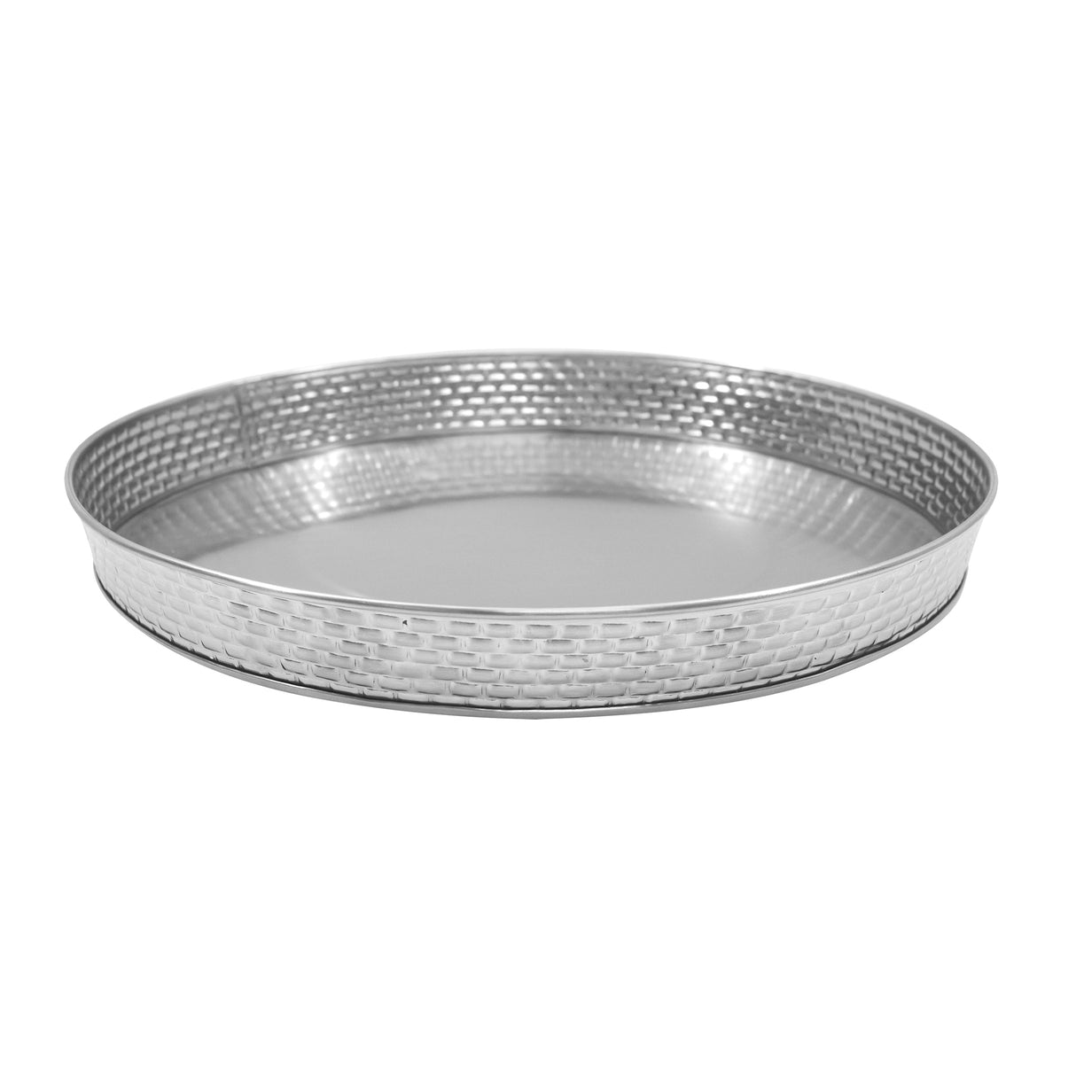 A round, stainless steel serving platter with a raised edge and a textured, basket-weave pattern around the sides. The smooth, reflective base highlights its elegance—an ideal piece from the Brickhouse Collection for any white tabletop setting.