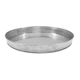 A round, stainless steel serving platter with a raised edge and a textured, basket-weave pattern around the sides. The smooth, reflective base highlights its elegance—an ideal piece from the Brickhouse Collection for any white tabletop setting.