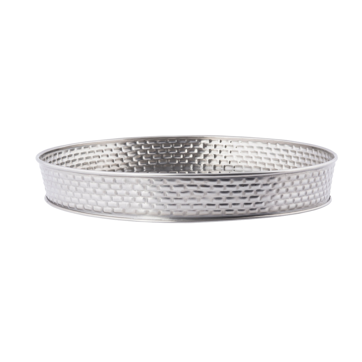 A round, shallow Stainless Steel serving platter from the Brickhouse Collection, featuring a textured, woven-like pattern on the sides and a smooth rim. Its shiny, reflective finish stands out against a plain white background.