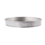 A round, shallow Stainless Steel serving platter from the Brickhouse Collection, featuring a textured, woven-like pattern on the sides and a smooth rim. Its shiny, reflective finish stands out against a plain white background.