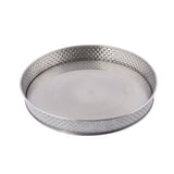 A round, shallow stainless steel serving platter from the Brickhouse Collection, featuring a raised rim with a textured basket-weave pattern. Its smooth base contrasts the intricate edge. The tray is empty and set against a plain white background.