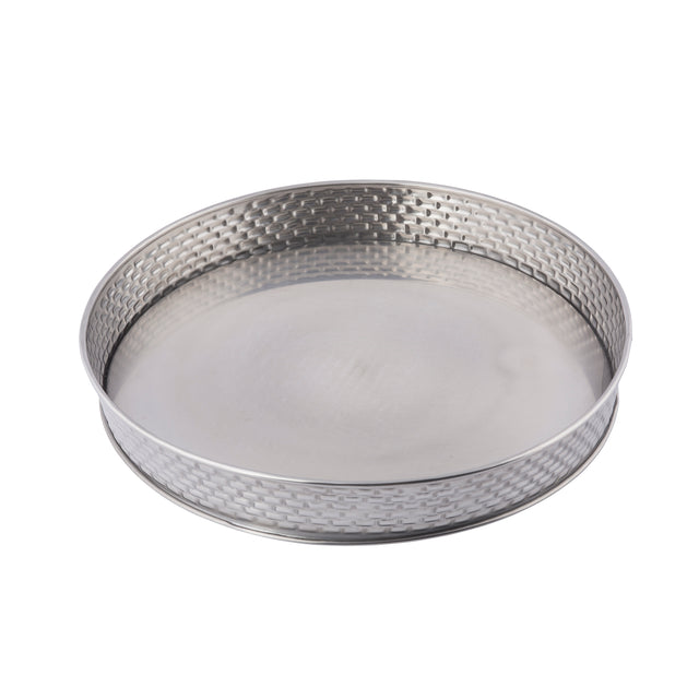 A round, shallow stainless steel serving platter from the Brickhouse Collection, featuring a raised rim with a textured basket-weave pattern. Its smooth base contrasts the intricate edge. The tray is empty and set against a plain white background.