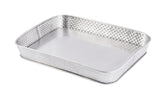 A rectangular stainless steel serving platter from the Brickhouse Collection, featuring slightly raised, woven-textured sides and a smooth, reflective base. The rounded edges complete its elegant look against a white background.