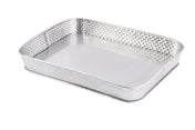 A rectangular stainless steel serving platter from the Brickhouse Collection, featuring slightly raised, woven-textured sides and a smooth, reflective base. The rounded edges complete its elegant look against a white background.
