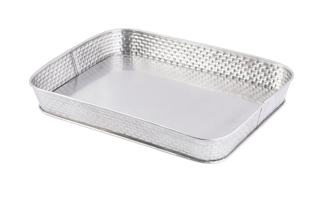 A rectangular stainless steel serving platter from the Brickhouse Collection, featuring slightly raised, woven-textured sides and a smooth, reflective base. The rounded edges complete its elegant look against a white background.
