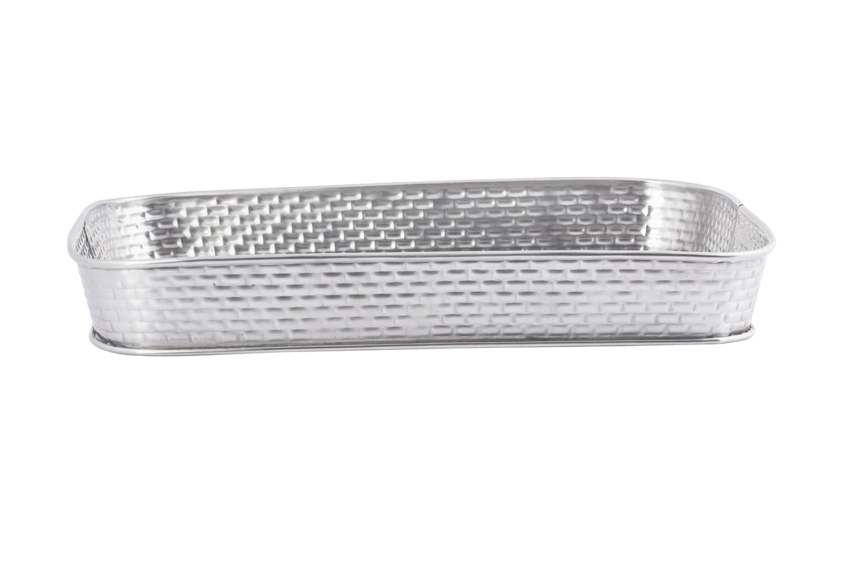 A rectangular, shallow stainless steel basket with rounded corners and a textured, checkered pattern on its sides and base. The smooth rim is slightly raised above the basket's body. This empty serving platter is displayed against a white background.