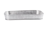 A rectangular, shallow stainless steel basket with rounded corners and a textured, checkered pattern on its sides and base. The smooth rim is slightly raised above the basket's body. This empty serving platter is displayed against a white background.
