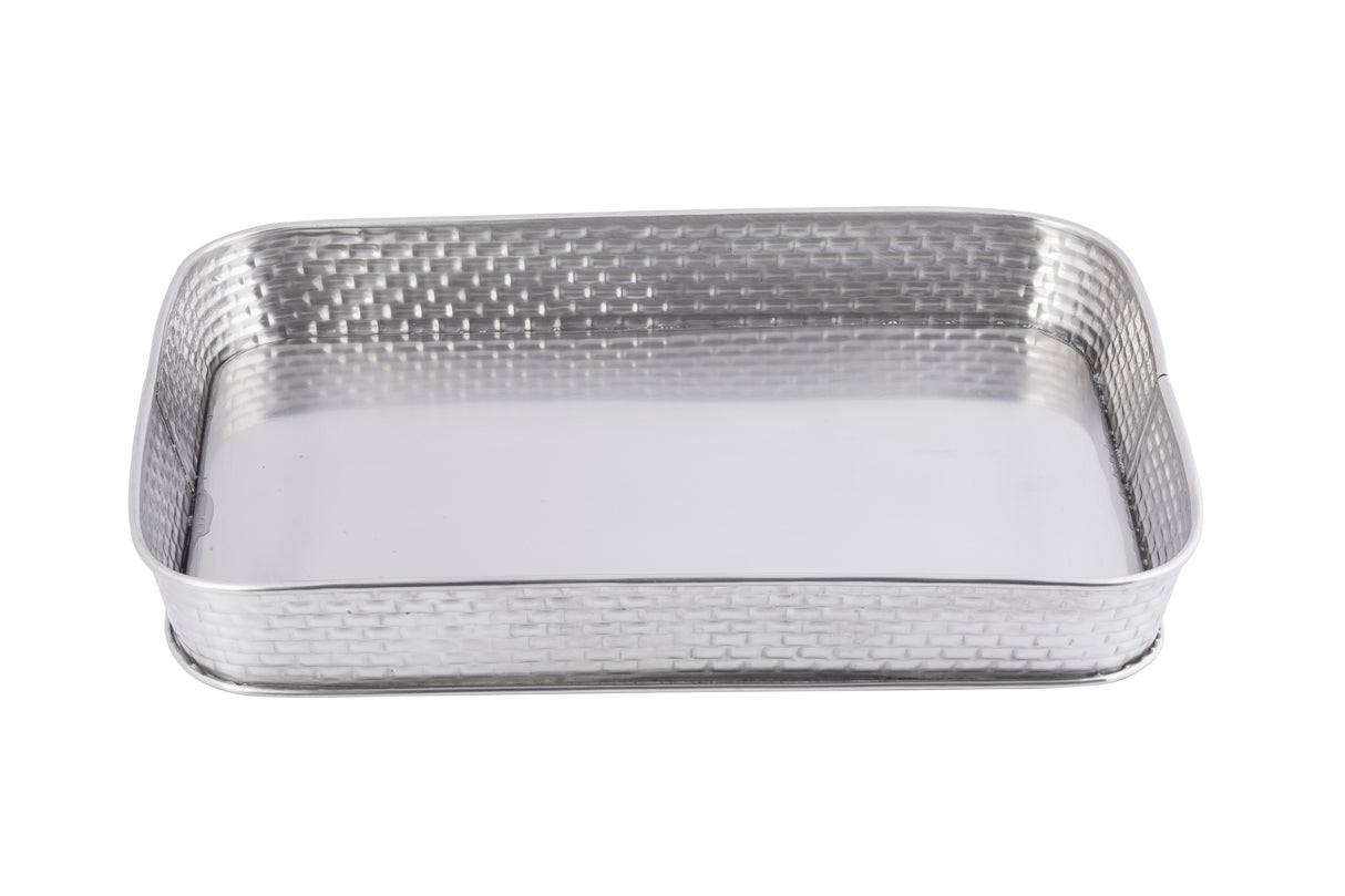 A rectangular, silver-colored stainless steel serving platter with rounded corners and slightly raised, woven-texture sides. The smooth, reflective base enhances its elegance. Part of the Brickhouse Collection, it is empty and photographed against a white background.