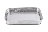 A rectangular, silver-colored stainless steel serving platter with rounded corners and slightly raised, woven-texture sides. The smooth, reflective base enhances its elegance. Part of the Brickhouse Collection, it is empty and photographed against a white background.