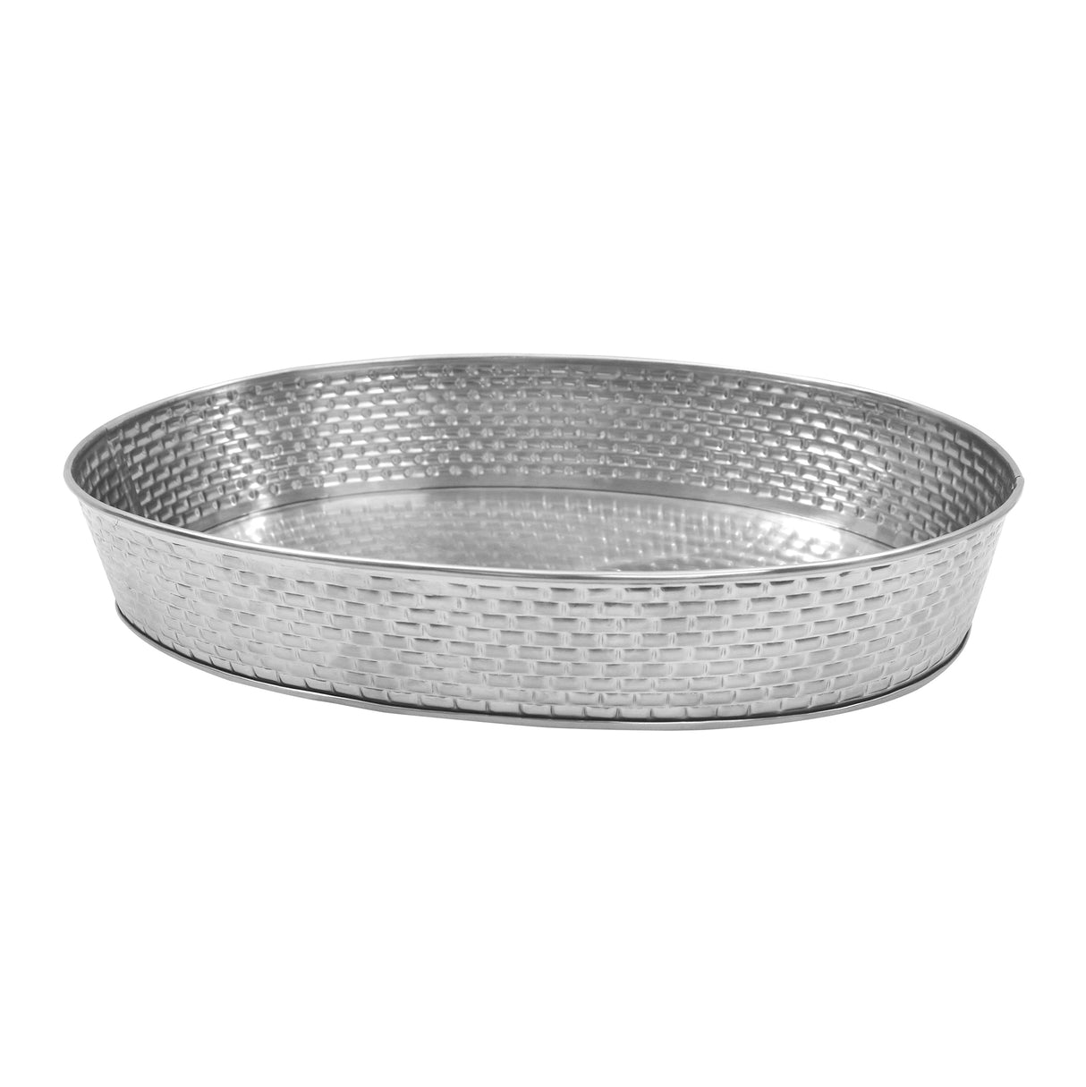 A shallow, oval-shaped stainless steel Serving Platter from the Brickhouse Collection, featuring a textured basket-weave pattern on the sides and a smooth rim. The tray has a shiny silver finish with no handles, shown against a white background.
