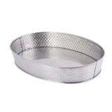 Oval-shaped Serving Platter from the Brickhouse Collection with a textured, woven pattern on its sides. Crafted from shiny stainless steel, it features a smooth, reflective interior and sits elegantly on a plain white background.