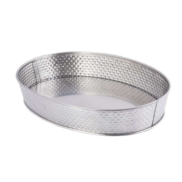 Oval-shaped Serving Platter from the Brickhouse Collection with a textured, woven pattern on its sides. Crafted from shiny stainless steel, it features a smooth, reflective interior and sits elegantly on a plain white background.