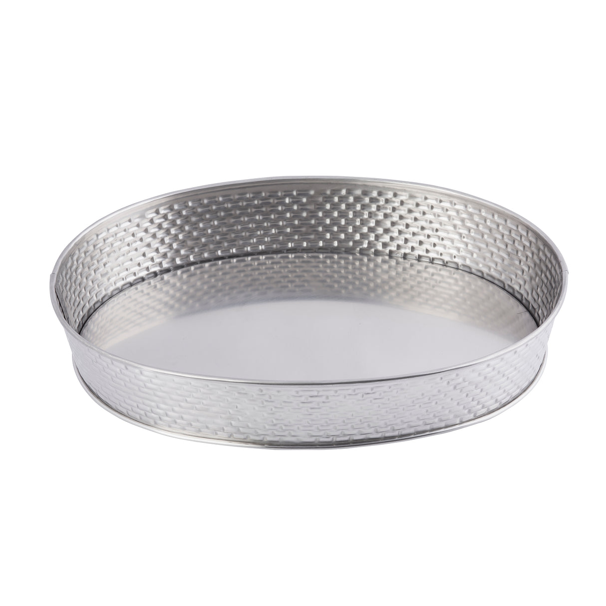 A round, shallow Serving Platter from the Brickhouse Collection, featuring slightly raised sides and a textured, woven pattern outside. Made from stainless steel, its smooth interior is reflective and silver in color.