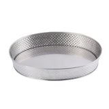 A round, shallow Serving Platter from the Brickhouse Collection, featuring slightly raised sides and a textured, woven pattern outside. Made from stainless steel, its smooth interior is reflective and silver in color.