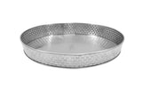A round, stainless steel serving platter from the Brickhouse Collection with a flat base and short, basket-weave patterned sides. It features a smooth, reflective bottom and simple, utilitarian design, photographed against a plain white background.