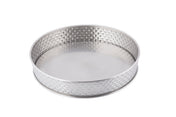 A round, shallow serving platter from the Brickhouse Collection, this stainless steel tray features a flat base and basket-weave textured sides. Its shiny, reflective surface stands out against the white background, making it perfect for elegant presentations.