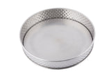 A round, shallow stainless steel serving platter with a smooth flat base and textured, patterned sides. Part of the Brickhouse Collection, the tray is empty and photographed against a white background.