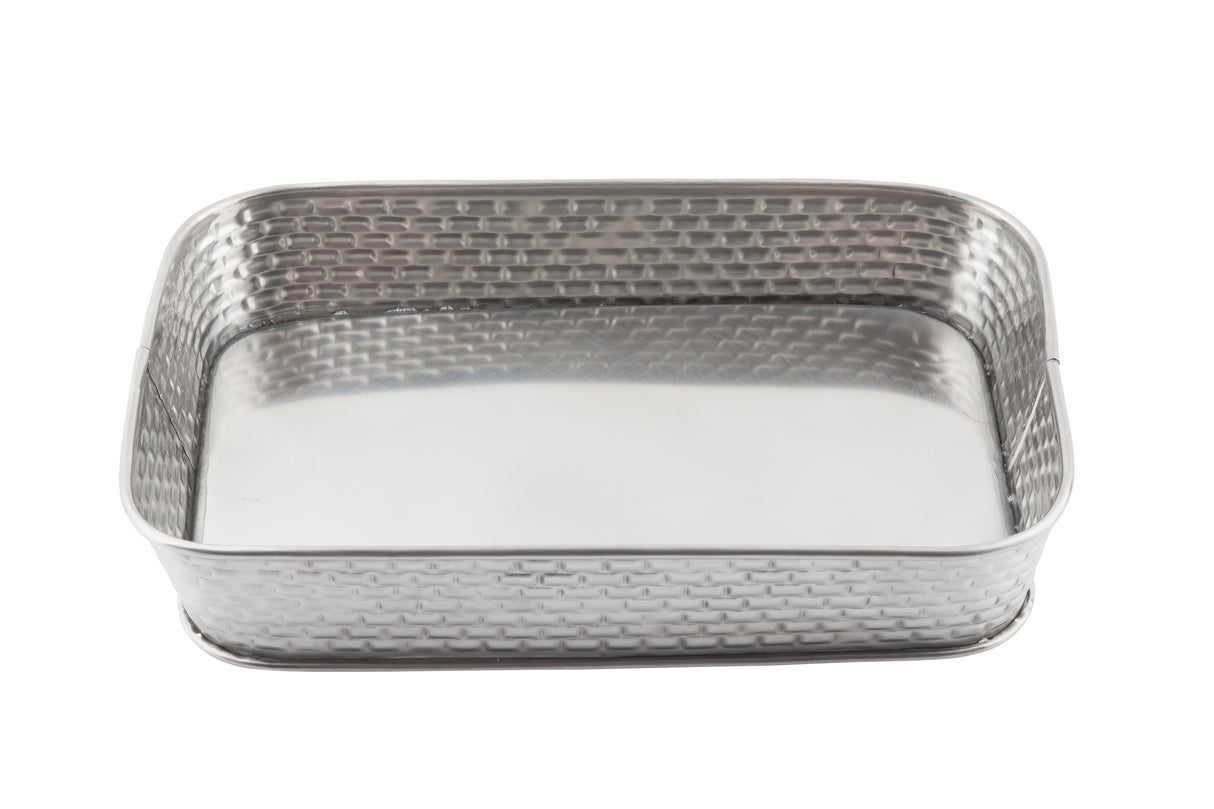 A rectangular, shallow stainless steel serving platter from the Brickhouse Collection, featuring slightly raised edges and a textured, woven-like pattern on the sides. The smooth, reflective bottom is set against a plain white background.