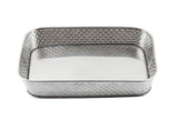 A rectangular, shallow stainless steel serving platter from the Brickhouse Collection, featuring slightly raised edges and a textured, woven-like pattern on the sides. The smooth, reflective bottom is set against a plain white background.