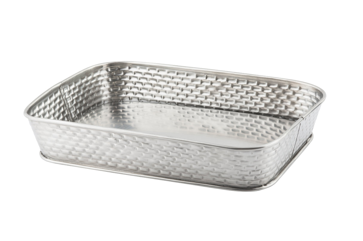 A rectangular, silver stainless steel basket with rounded corners and a textured, woven-like pattern on its sides; part of the Brickhouse Collection, this serving platter features a smooth, flat base and slightly raised edges.