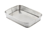 A rectangular stainless steel serving platter from the Brickhouse Collection, featuring slightly rounded corners and a woven basket-like textured pattern on the sides. The tray has a smooth, reflective base and is photographed on a white background.