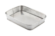 A rectangular stainless steel serving platter from the Brickhouse Collection, featuring slightly rounded corners and a woven basket-like textured pattern on the sides. The tray has a smooth, reflective base and is photographed on a white background.