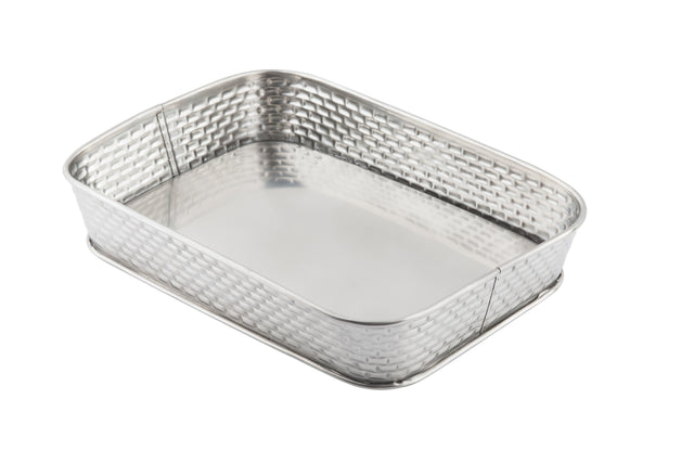 A rectangular stainless steel serving platter from the Brickhouse Collection, featuring slightly rounded corners and a woven basket-like textured pattern on the sides. The tray has a smooth, reflective base and is photographed on a white background.