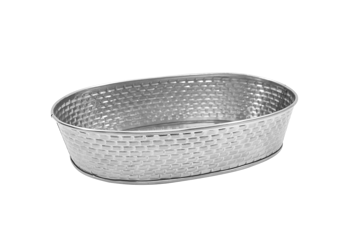 Oval-shaped, silver metal Brickhouse Collection Serving Platter with a woven mesh pattern, slightly tapered sides, and a smooth, rounded rim—this stainless steel serving platter is also dishwasher safe. Isolated on a white background.