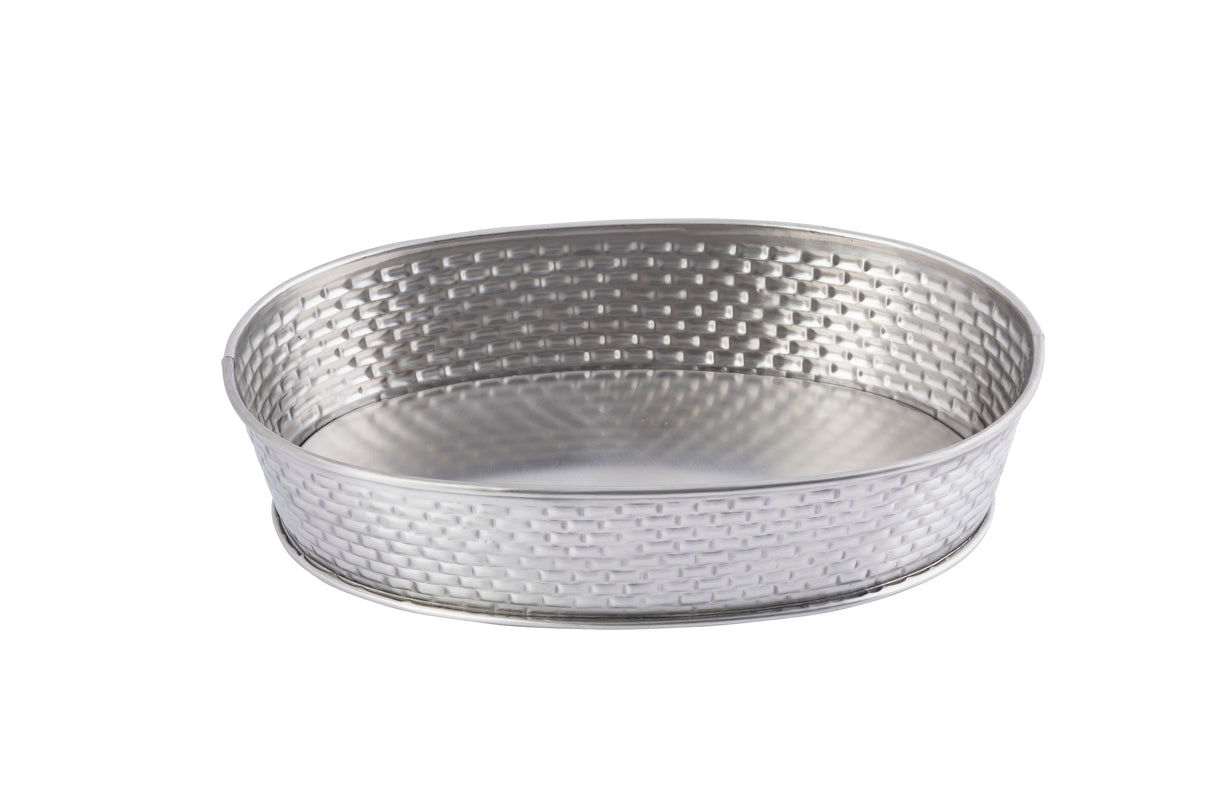 A shallow, oval-shaped stainless steel basket with a shiny, silver finish and a woven, textured pattern on the sides. Part of the Brickhouse Collection, this serving platter features smooth edges and a solid base, photographed on a white background.