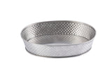 A shallow, oval-shaped stainless steel basket with a shiny, silver finish and a woven, textured pattern on the sides. Part of the Brickhouse Collection, this serving platter features smooth edges and a solid base, photographed on a white background.