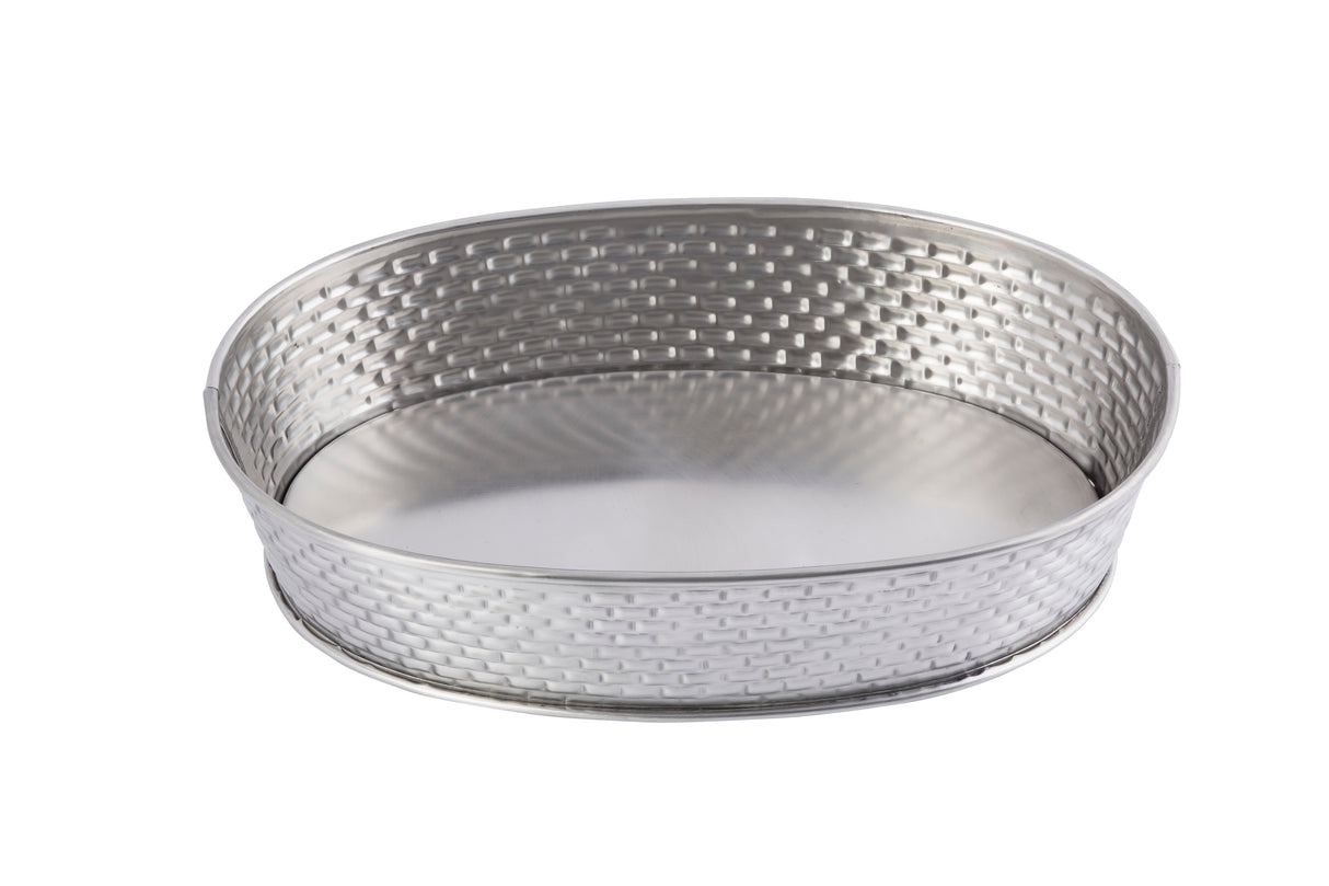 An empty, oval-shaped stainless steel basket with a woven texture on its sides and smooth base, placed on a white background. The basket has short sides and no handles, giving it a clean, simple appearance from the Brickhouse Collection.