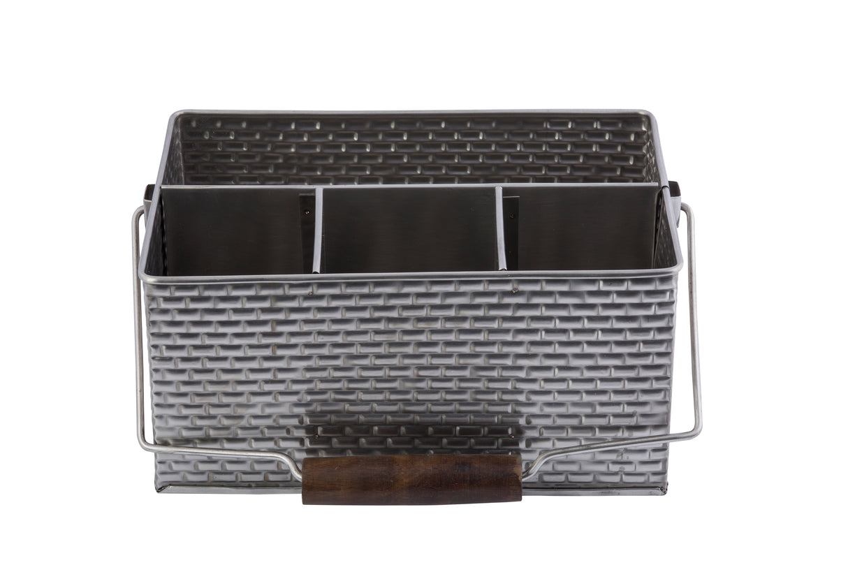 A rectangular stainless steel flatware caddy with a woven texture, divided into three equal compartments. Featuring a wooden handle on a sturdy metal wire frame, this Brickhouse Collection piece is set against a plain white background.