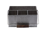 A rectangular stainless steel flatware caddy with a woven texture, divided into three equal compartments. Featuring a wooden handle on a sturdy metal wire frame, this Brickhouse Collection piece is set against a plain white background.