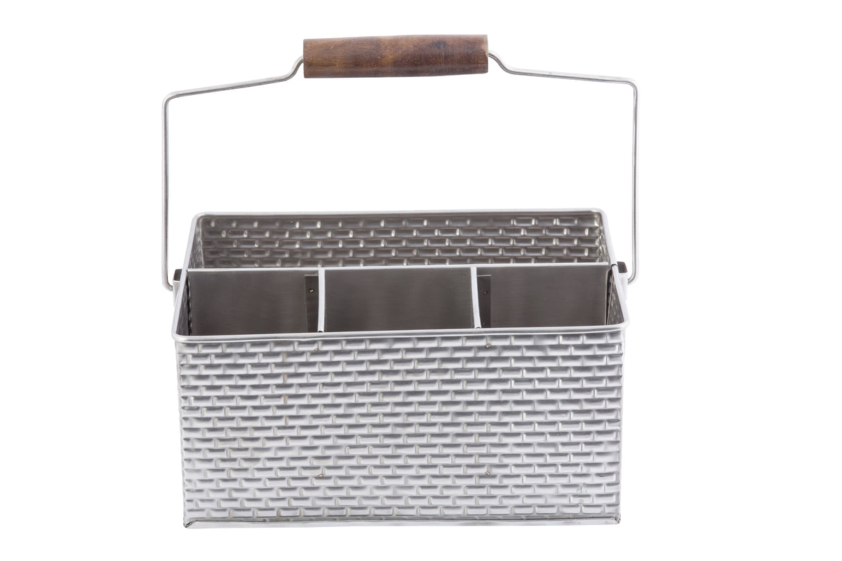 A rectangular, stainless steel flatware caddy from the Brickhouse Collection with a woven texture, three compartments, and a metal handle with a brown wooden grip, photographed against a white background.