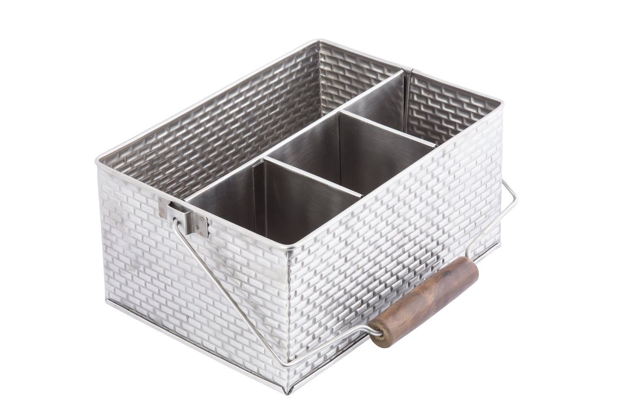 Part of the Brickhouse Collection, this stainless steel flatware caddy features a rectangular, silver basket-weave design with four compartments and a foldable handle with a wooden grip, set against a white background.