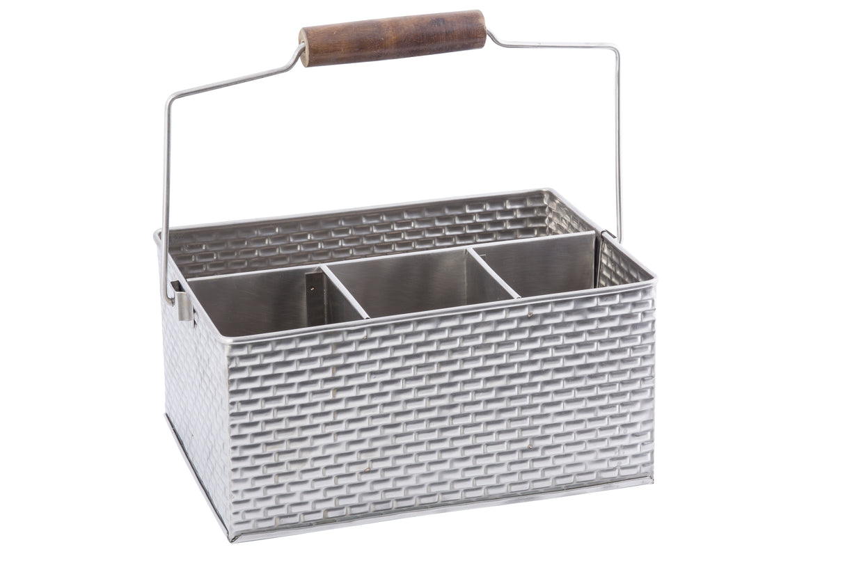 From the Brickhouse Collection, this stainless steel flatware caddy features a textured woven pattern, four interior compartments, and a wire handle with a wooden grip. The caddy is empty and set against a white background.