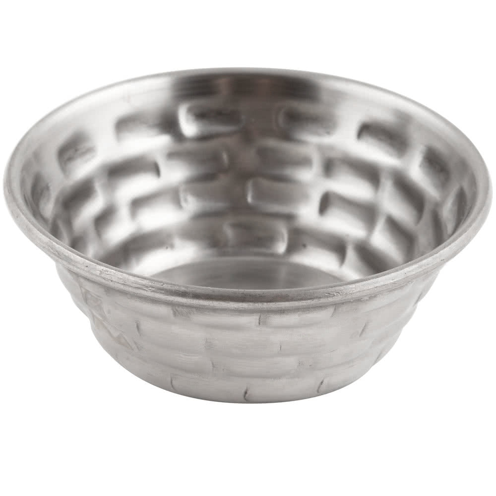 A round stainless steel ramekin with a slightly flared rim and a hammered, textured pattern on the exterior and interior. This shiny metallic bowl sits on a white background and is both stylish and dishwasher safe.