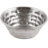 A round stainless steel ramekin with a slightly flared rim and a hammered, textured pattern on the exterior and interior. This shiny metallic bowl sits on a white background and is both stylish and dishwasher safe.