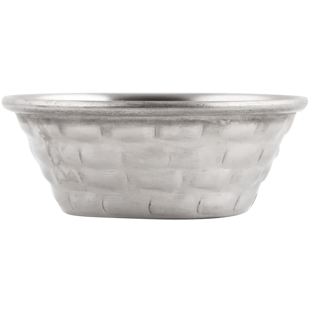 A small, silver stainless steel ramekin with a shallow depth and wide rim. The outer surface features a subtle, woven basket-like texture. Lightweight with a slightly matte finish, it's perfect for serving and is easy to clean.